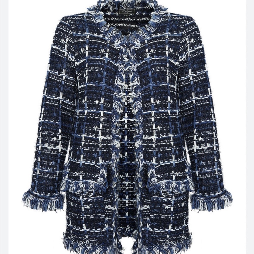MINKAS Blue Plaid Fringed Tweed Knit Long Cardigan Jacket Coatigan Preppy Size S